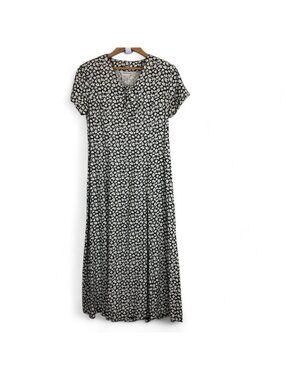 All Week Long Vtg 80s Maxi Dress Sz 10 Smocked Drop Bow Floral Black White